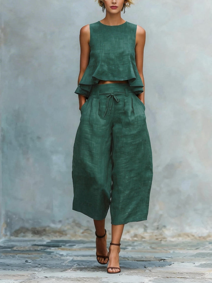 Women's Ruffled Top and Wide-Leg Capri Pants Set