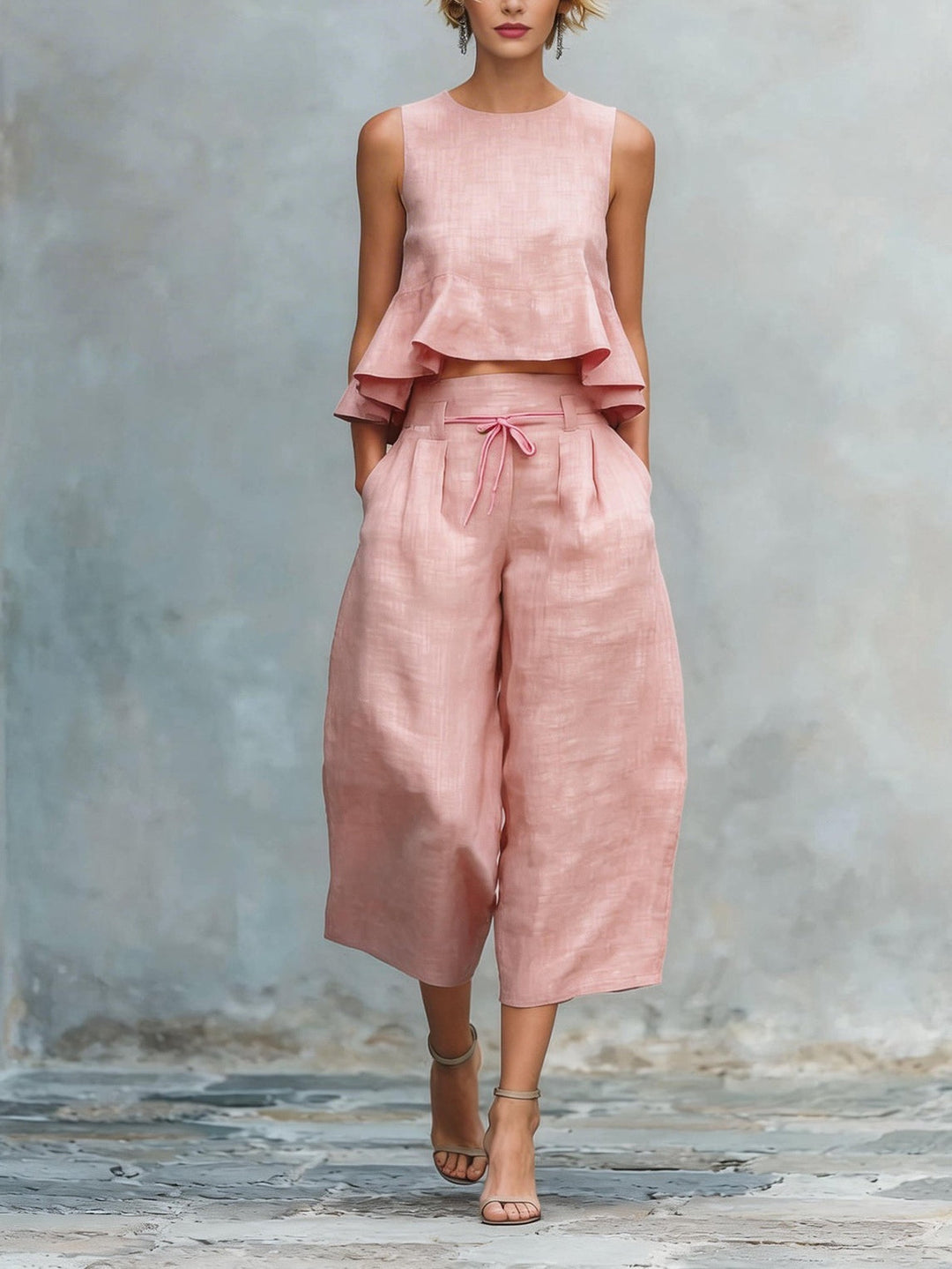 Women's Ruffled Top and Wide-Leg Capri Pants Set