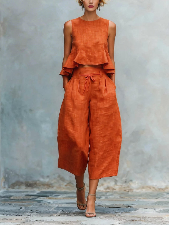 Women's Ruffled Top and Wide-Leg Capri Pants Set
