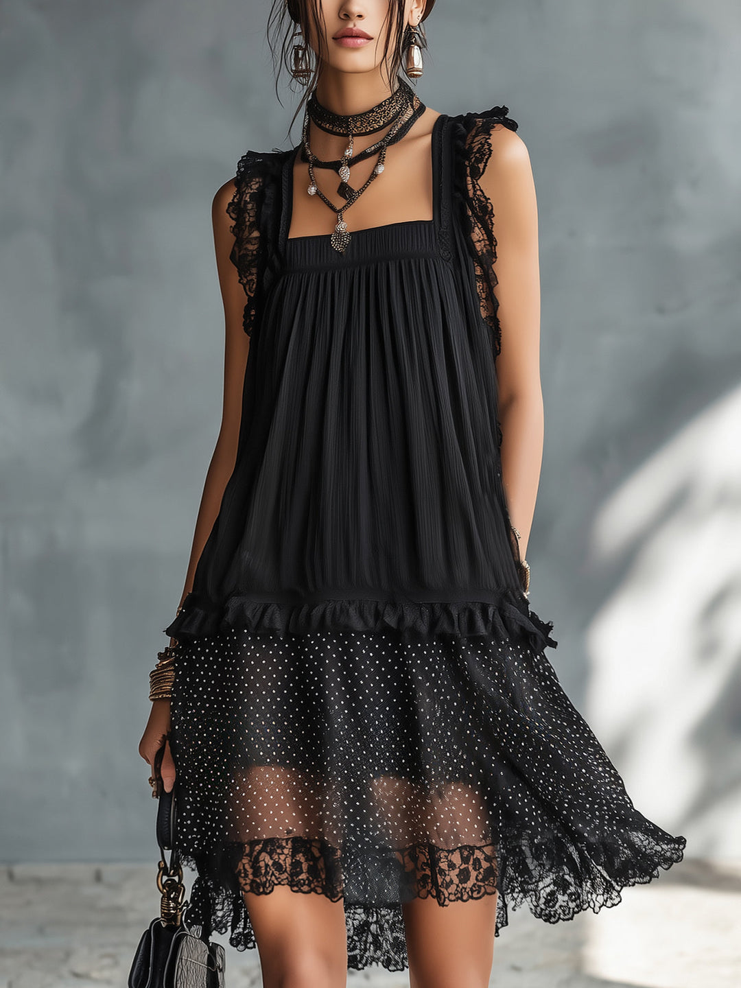 Women's Mini Dress with Lace Trim and Ruffles