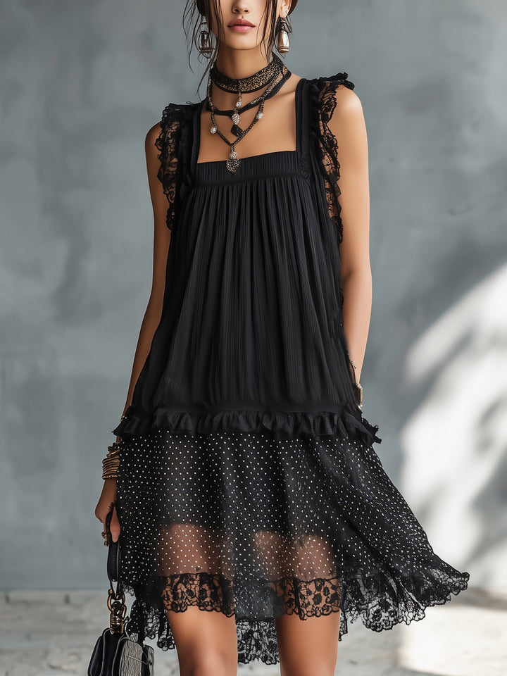 Women's Mini Dress with Lace Trim and Ruffles