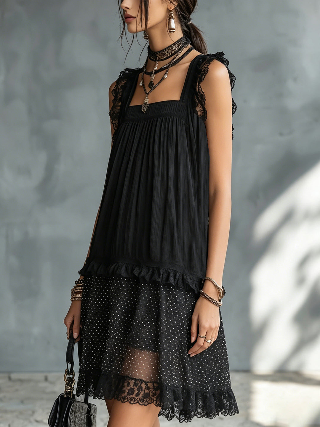 Women's Mini Dress with Lace Trim and Ruffles