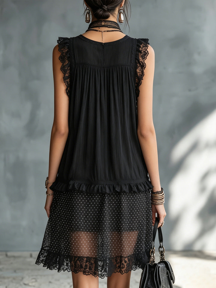 Women's Mini Dress with Lace Trim and Ruffles