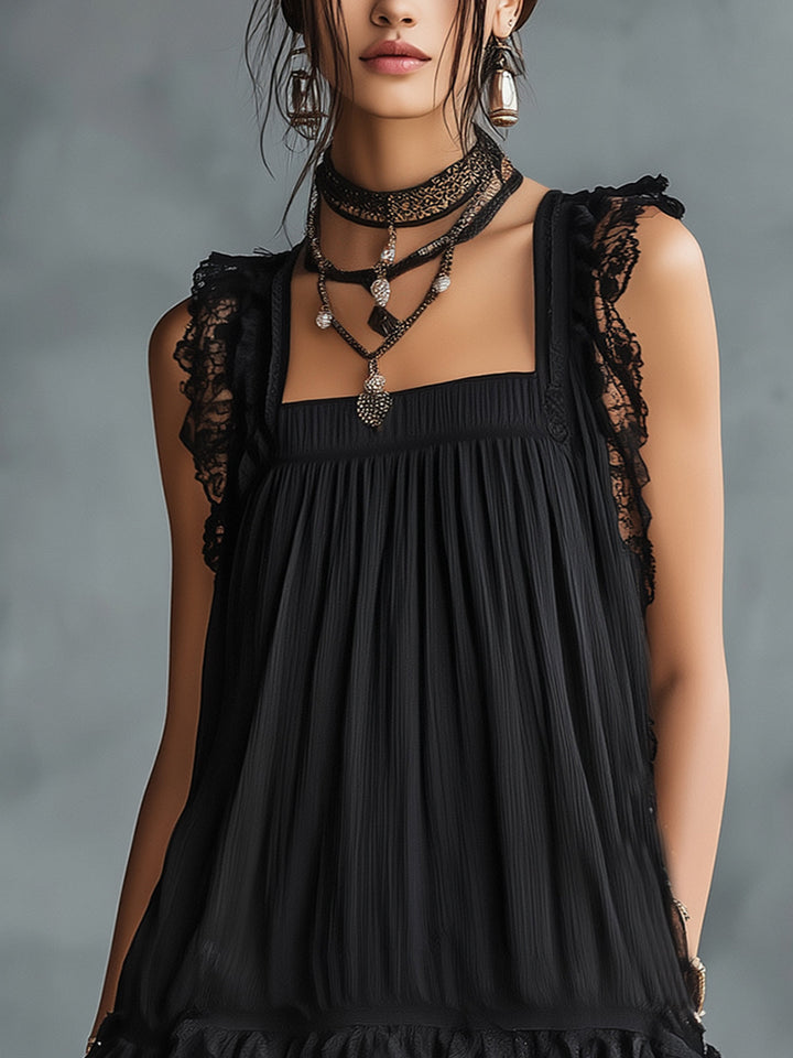 Women's Mini Dress with Lace Trim and Ruffles