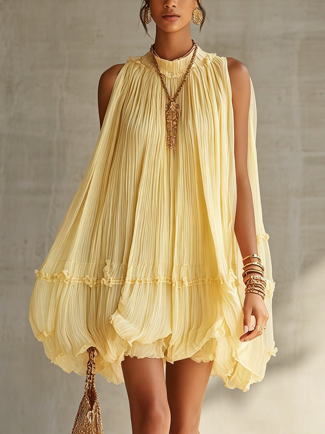 Halterneck Chiffon Mini Dress with Ruffles and Bubble Skirt for Women