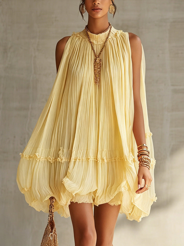 Halterneck Chiffon Mini Dress with Ruffles and Bubble Skirt for Women