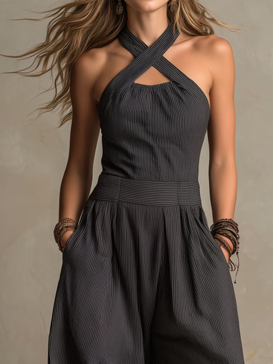 Boho Jumpsuit with a Crossed Halter Neck, Stripes, and Wide Legs for Women
