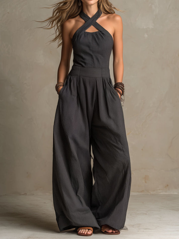 Boho Jumpsuit with a Crossed Halter Neck, Stripes, and Wide Legs for Women