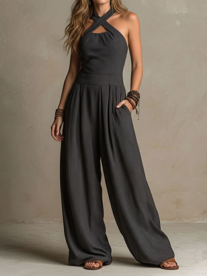 Boho Jumpsuit with a Crossed Halter Neck, Stripes, and Wide Legs for Women