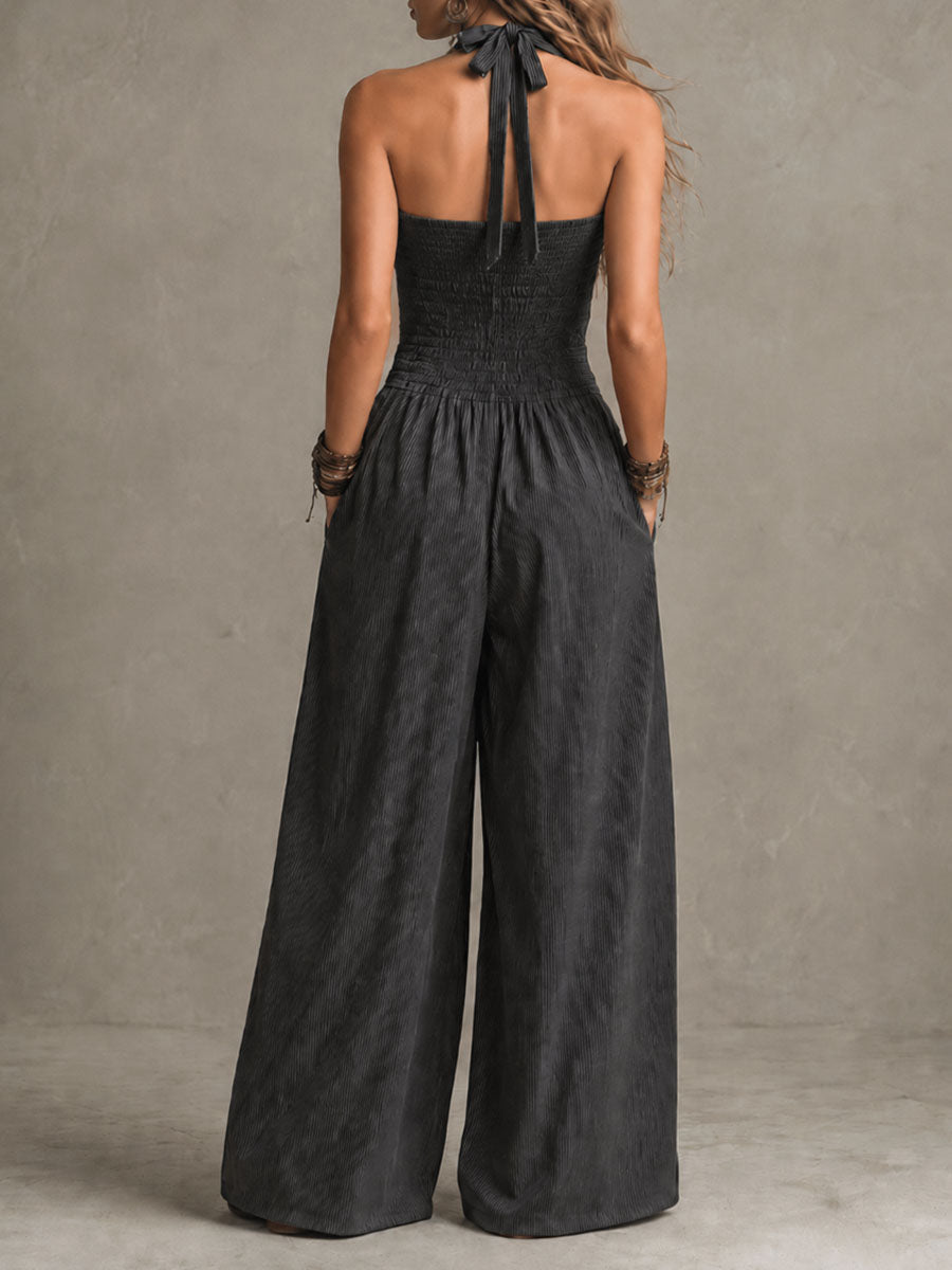 Boho Jumpsuit with a Crossed Halter Neck, Stripes, and Wide Legs for Women