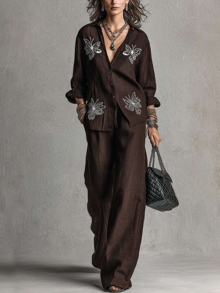 Embroidered Shirt and Wide-Leg Pants for Women