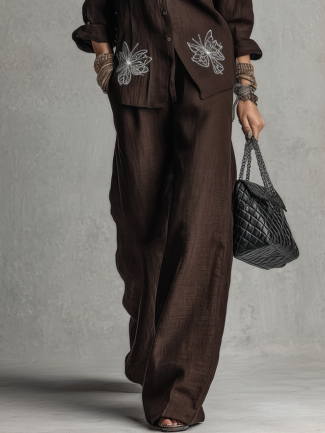Embroidered Shirt and Wide-Leg Pants for Women