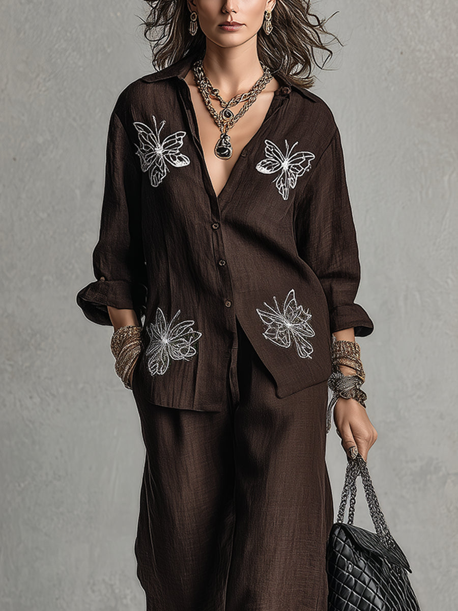 Embroidered Shirt and Wide-Leg Pants for Women