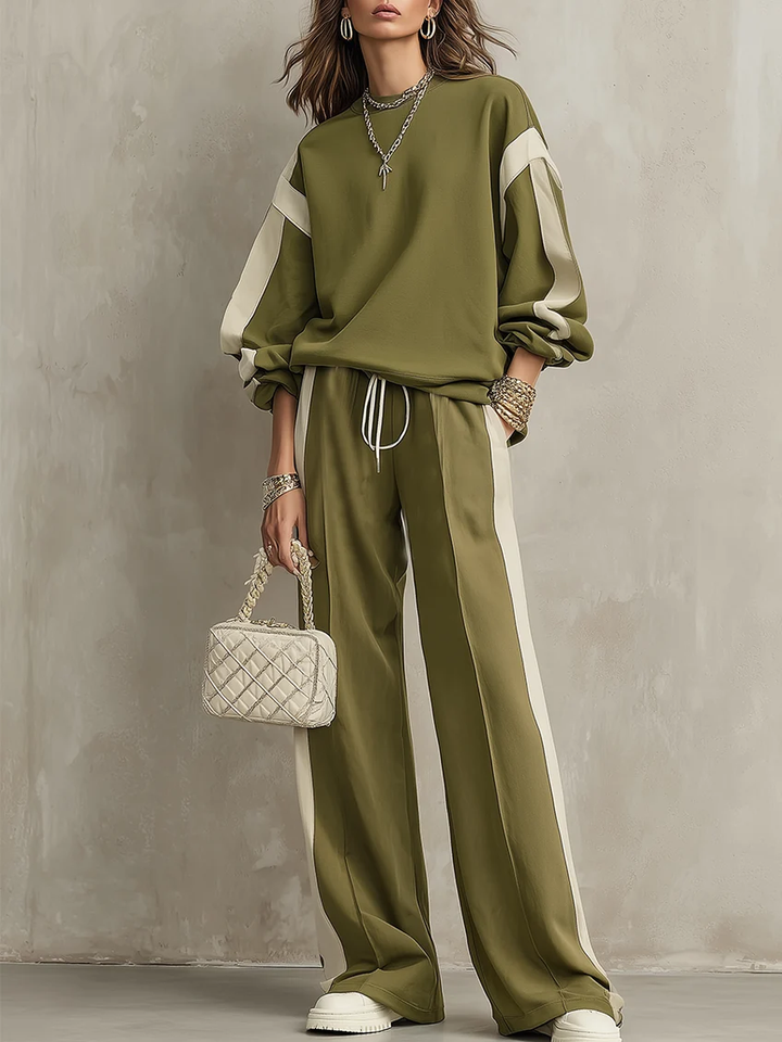 Set with Crew-Neck Sweatshirt and Wide-Leg Pants for Women