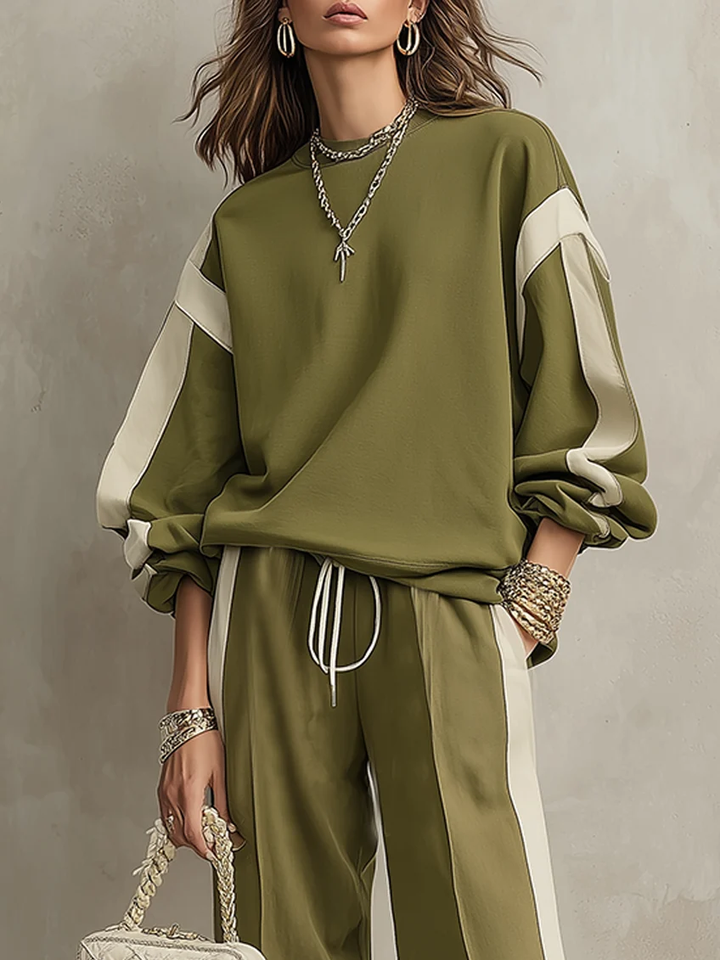 Casual Women's Crew Neck Sweatshirt and Wide-Leg Pants Set