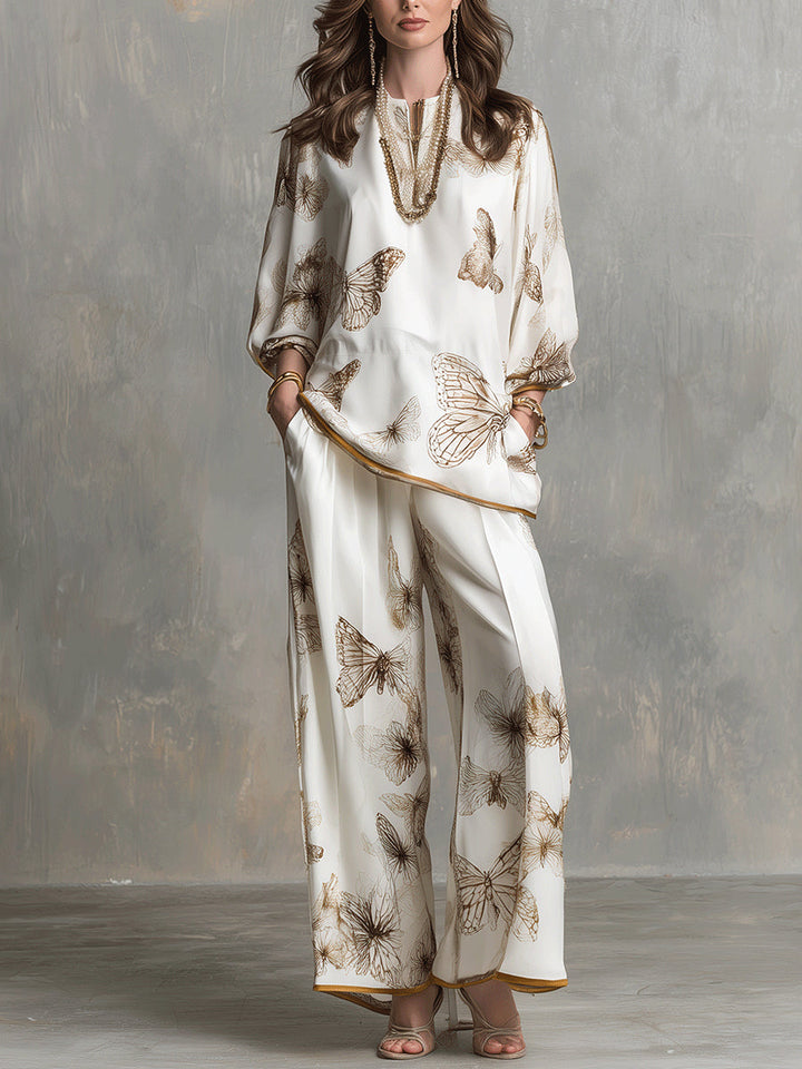 Two-Piece Satin Set with V-Neck and Butterfly Pattern and Wide-Leg Pants for Women