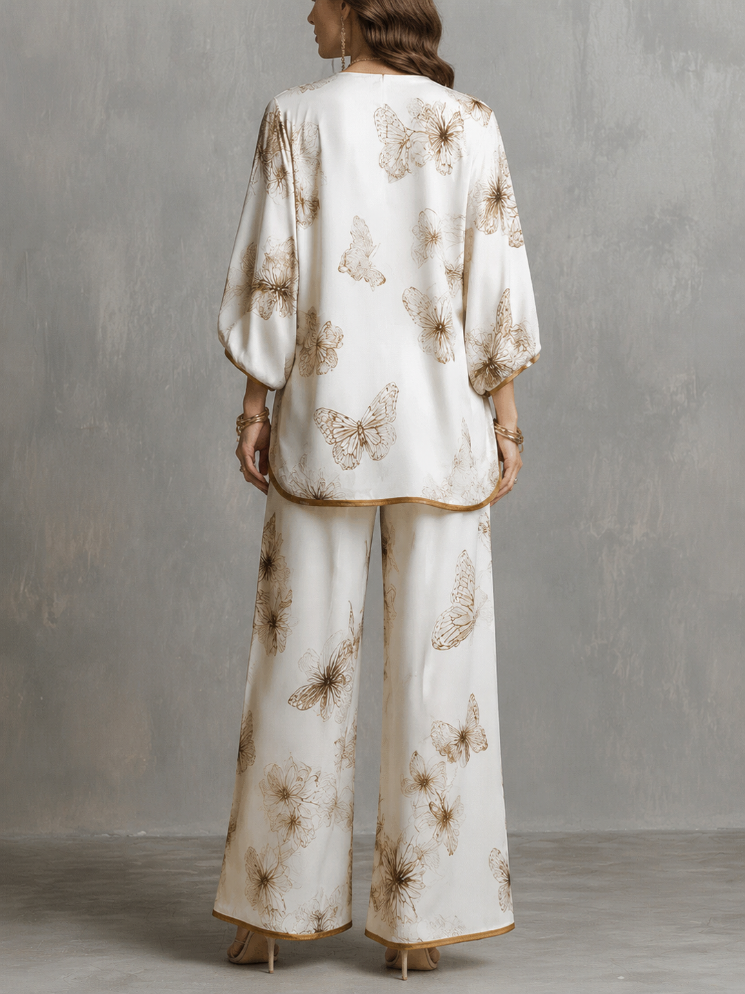 Two-Piece Satin Set with V-Neck and Butterfly Pattern and Wide-Leg Pants for Women