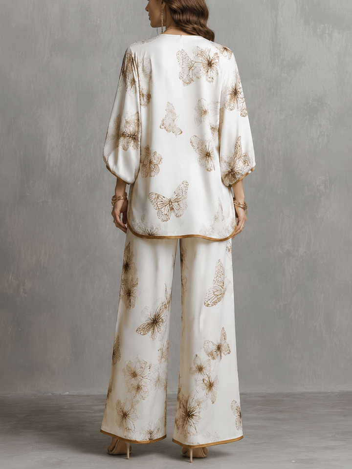 Two-Piece Satin Set with V-Neck and Butterfly Pattern and Wide-Leg Pants for Women