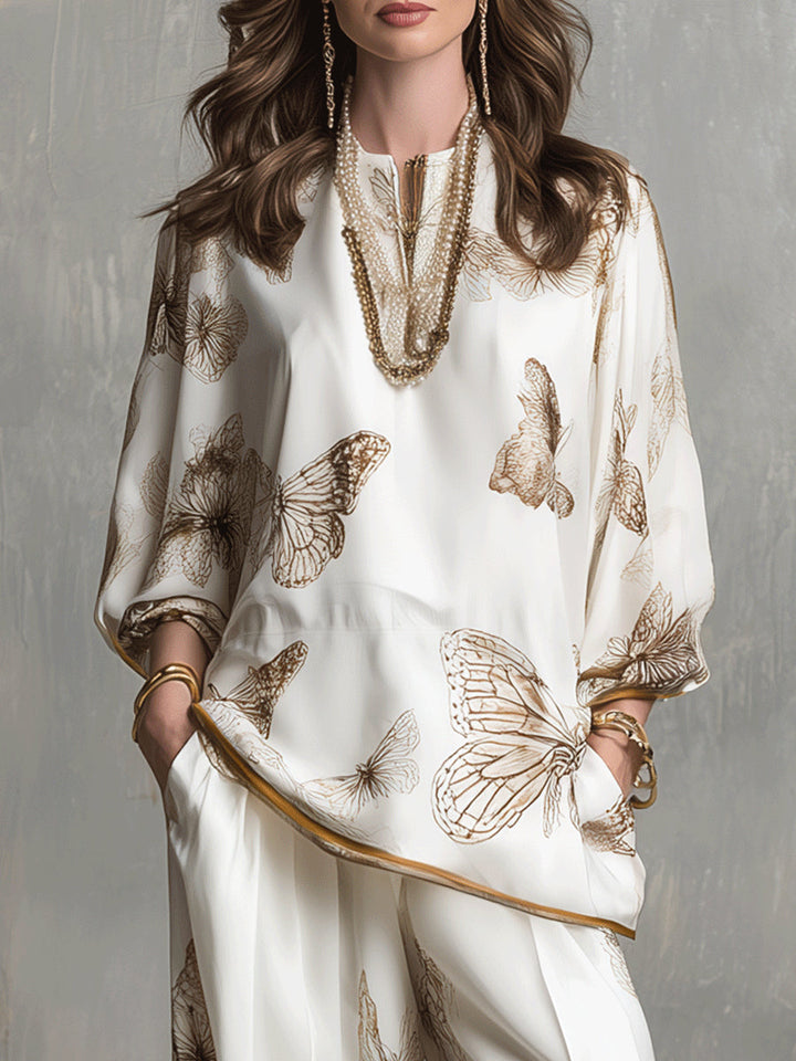 Two-Piece Satin Set with V-Neck and Butterfly Pattern and Wide-Leg Pants for Women