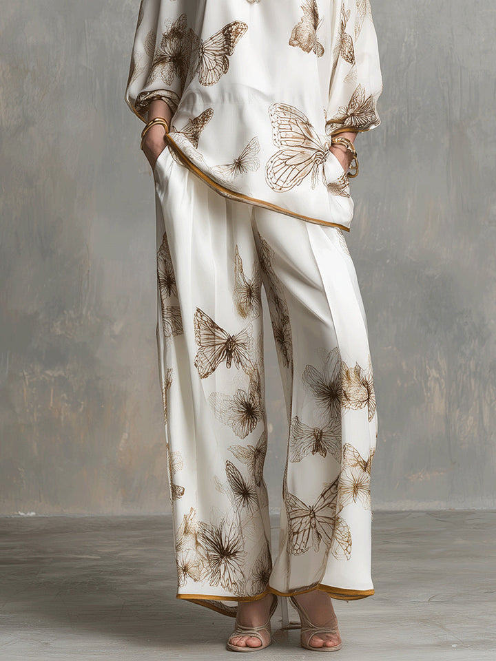 Two-Piece Satin Set with V-Neck and Butterfly Pattern and Wide-Leg Pants for Women