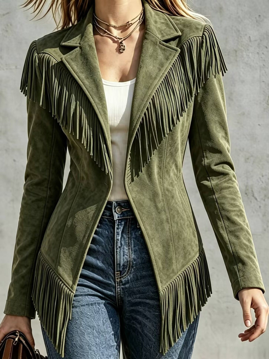 Fitted Blazer with Long Sleeves and Fringe Details for Women