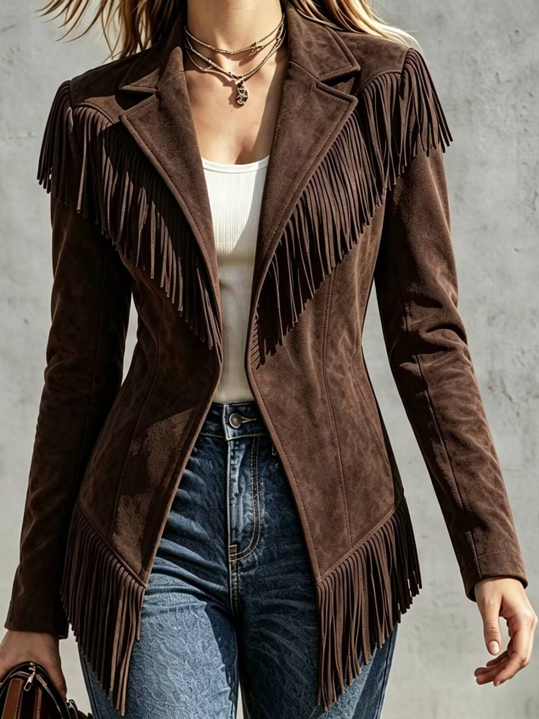 Fitted Blazer with Long Sleeves and Fringe Details for Women