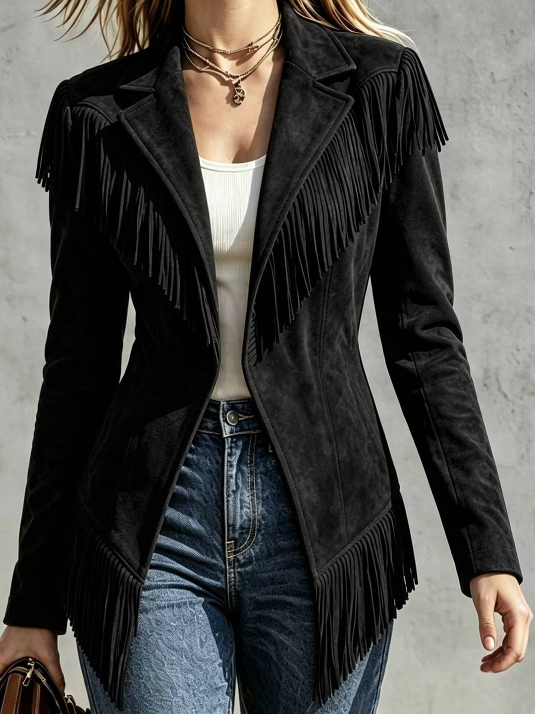 Fitted Blazer with Long Sleeves and Fringe Details for Women