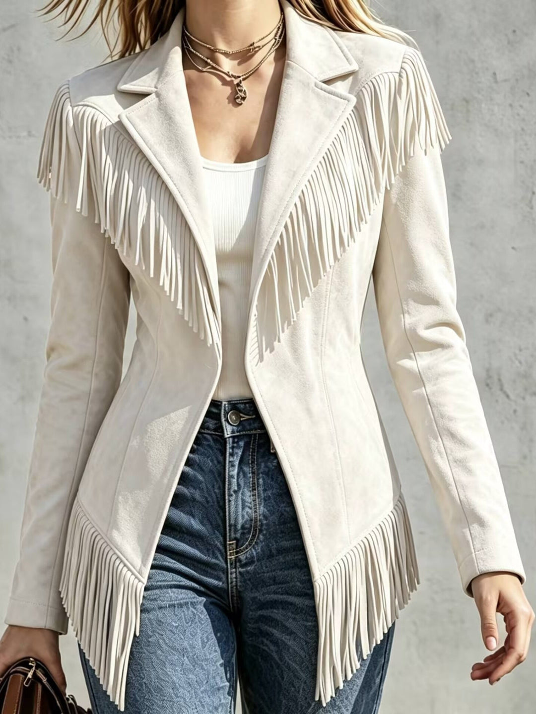 Fitted Blazer with Long Sleeves and Fringe Details for Women