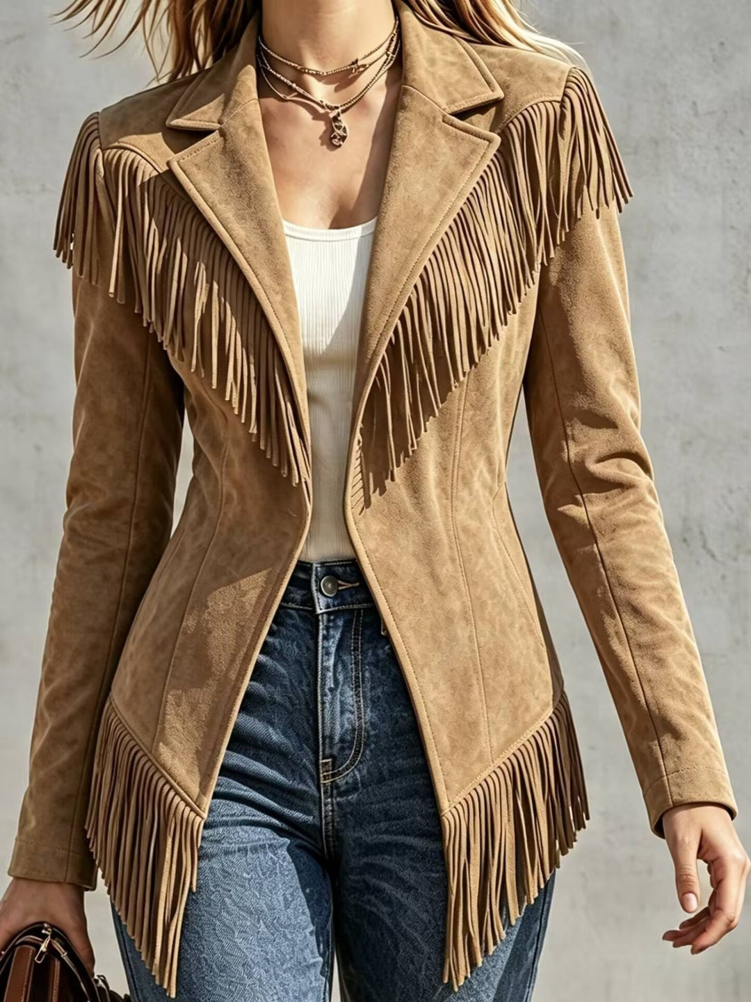 Fitted Blazer with Long Sleeves and Fringe Details for Women