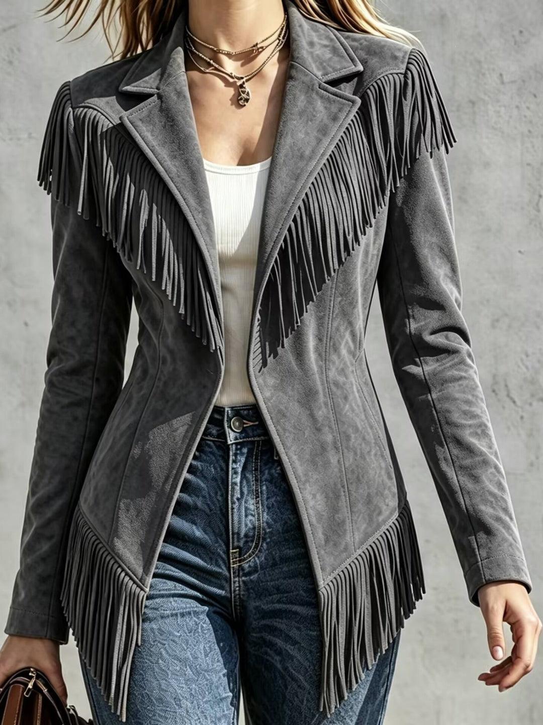 Fitted Blazer with Long Sleeves and Fringe Details for Women