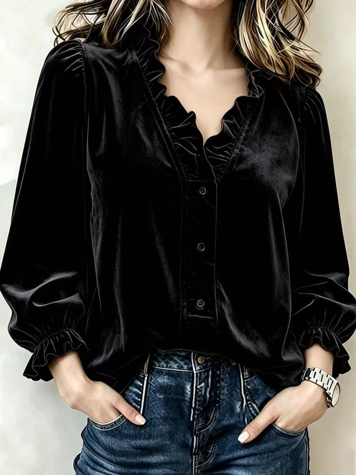 Velvet Blouse with V-Neck, Ruffles, and Puff Sleeves for Women