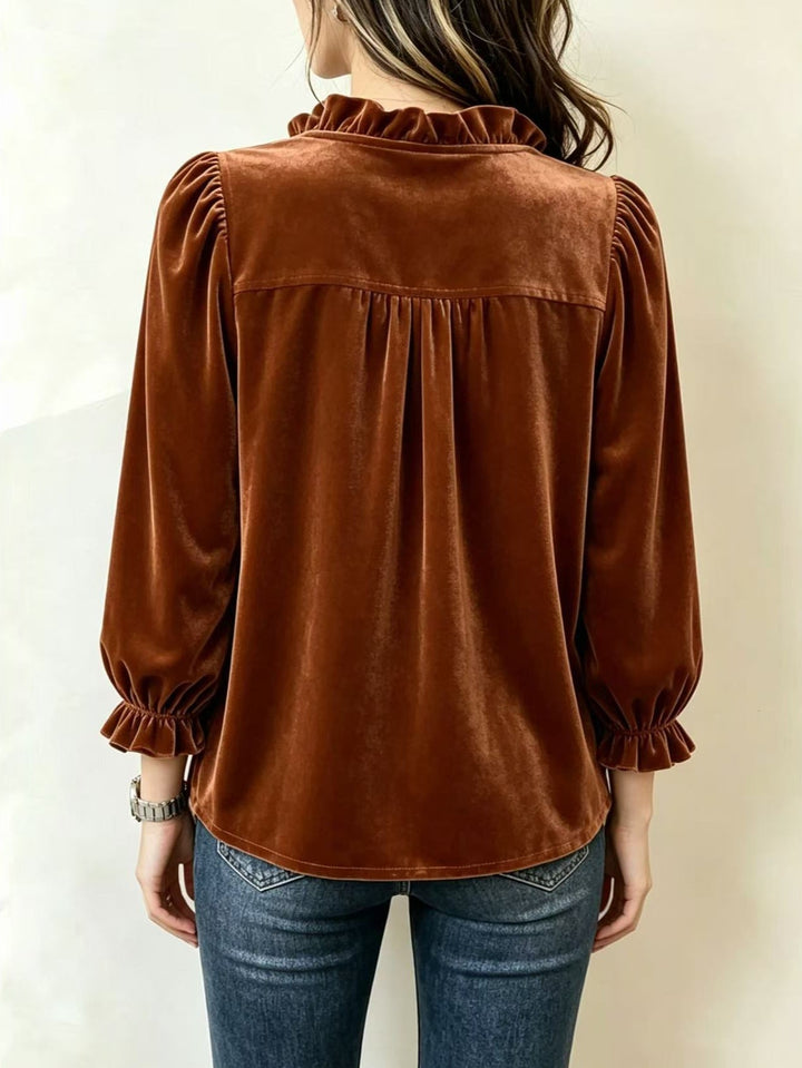 Velvet Blouse with V-Neck, Ruffles, and Puff Sleeves for Women