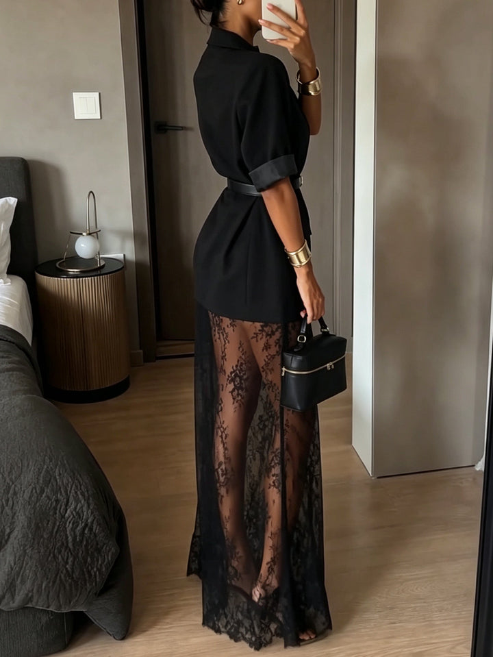 Two-Piece Set with Short-Sleeved Blazer, Lace Maxi Dress and Belt for Women