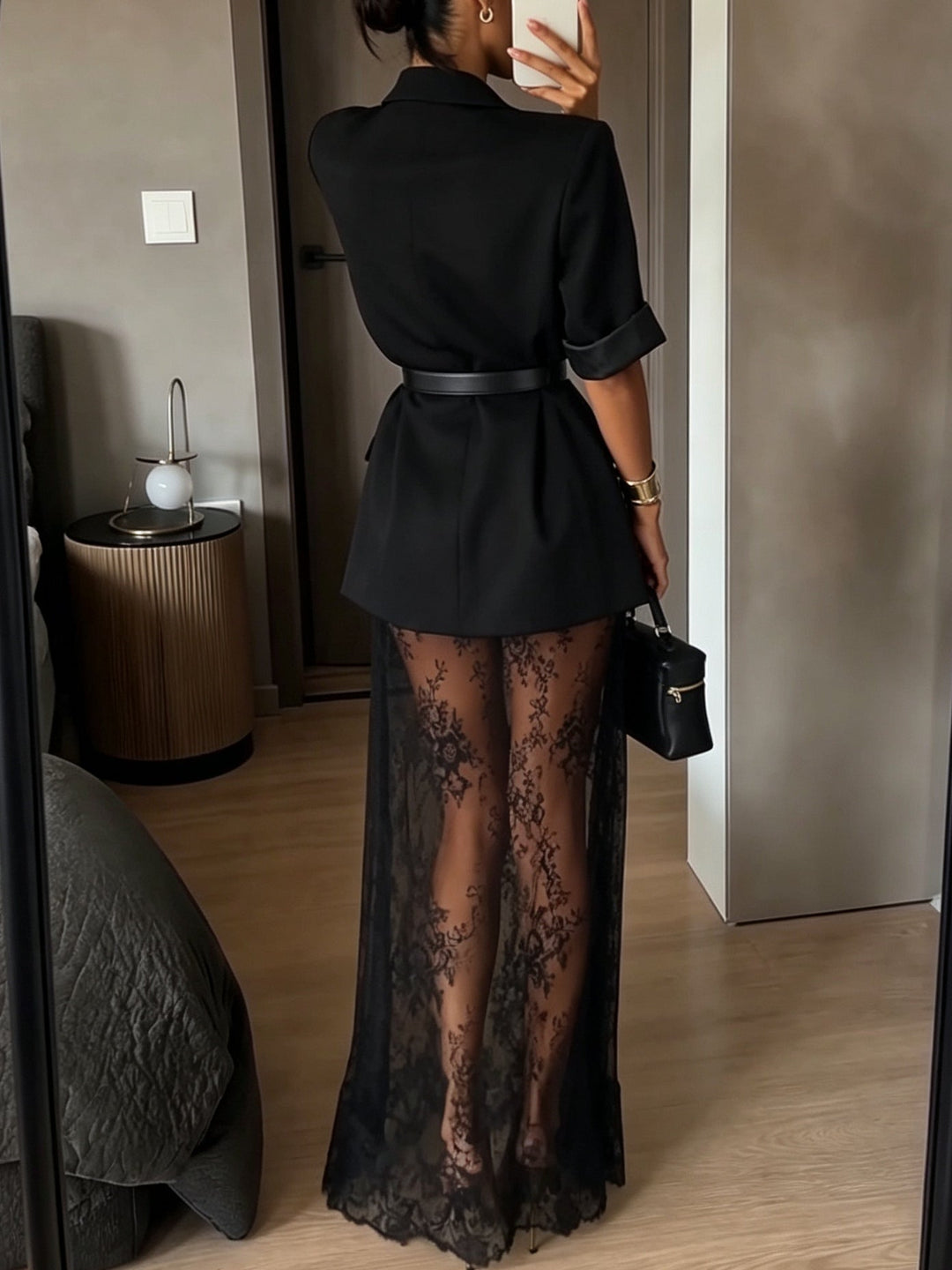 Two-Piece Set with Short-Sleeved Blazer, Lace Maxi Dress and Belt for Women