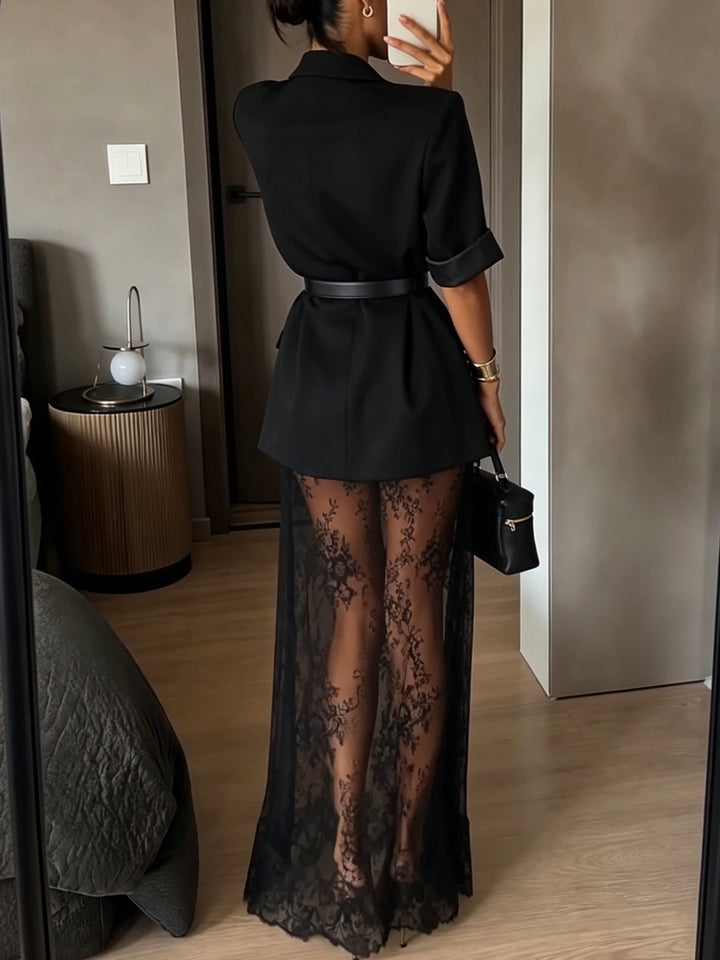 Two-Piece Set with Short-Sleeved Blazer, Lace Maxi Dress and Belt for Women