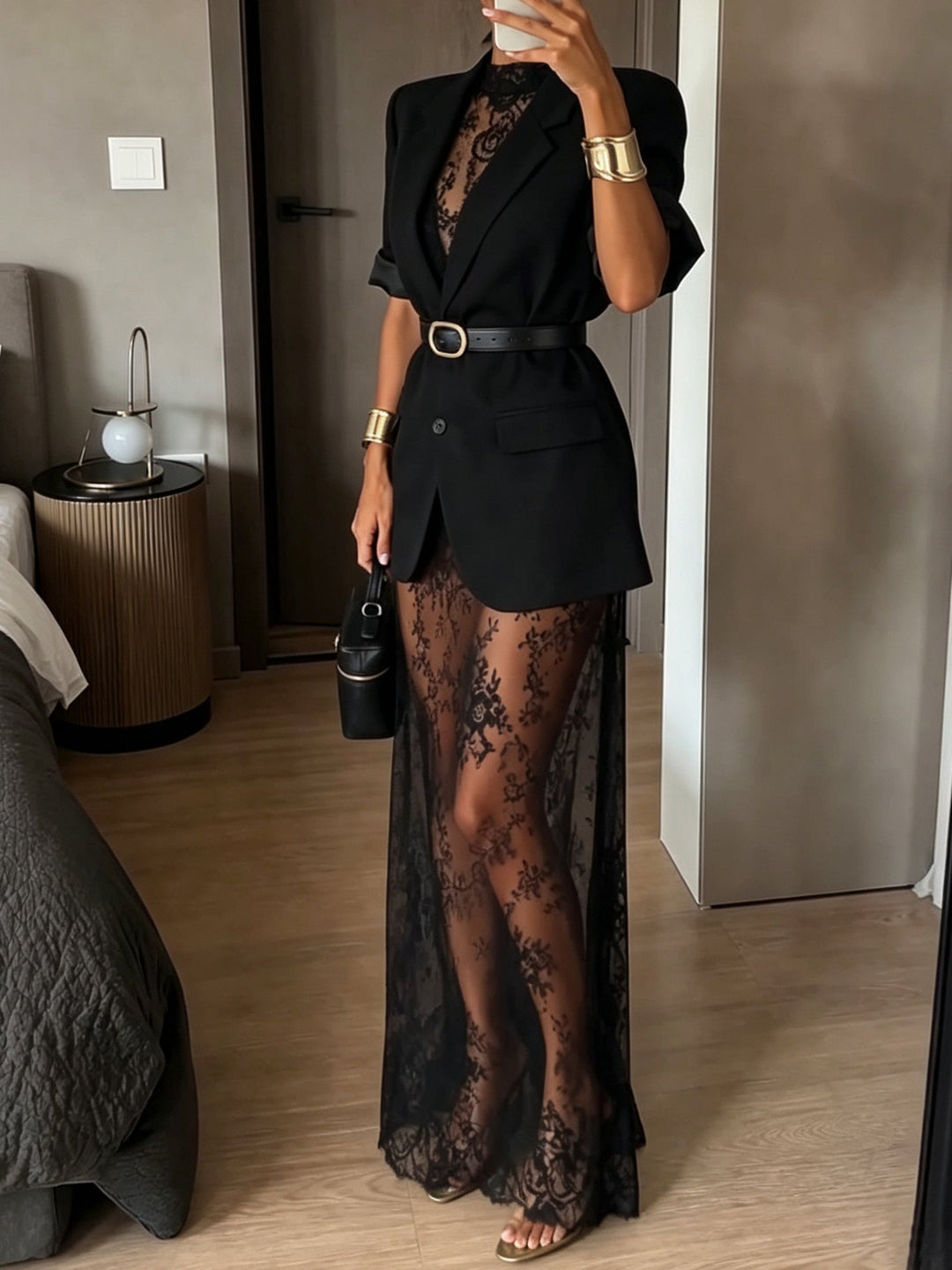Two-Piece Set with Short-Sleeved Blazer, Lace Maxi Dress and Belt for Women