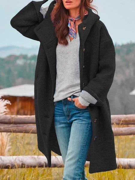 Women's Loose-Fit Hooded Jacket with Button Closure