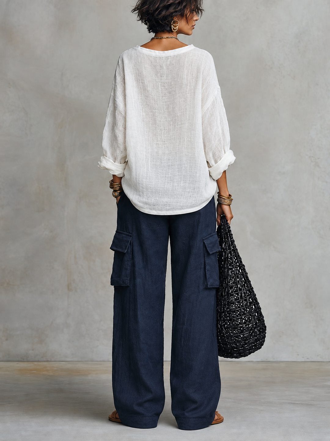 Women's V-neck blouse and wide-leg pants set