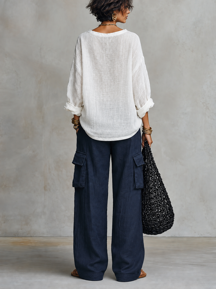 Women's V-neck blouse and wide-leg pants set