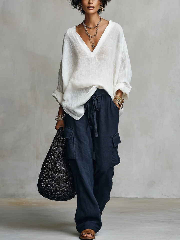 Women's V-neck blouse and wide-leg pants set