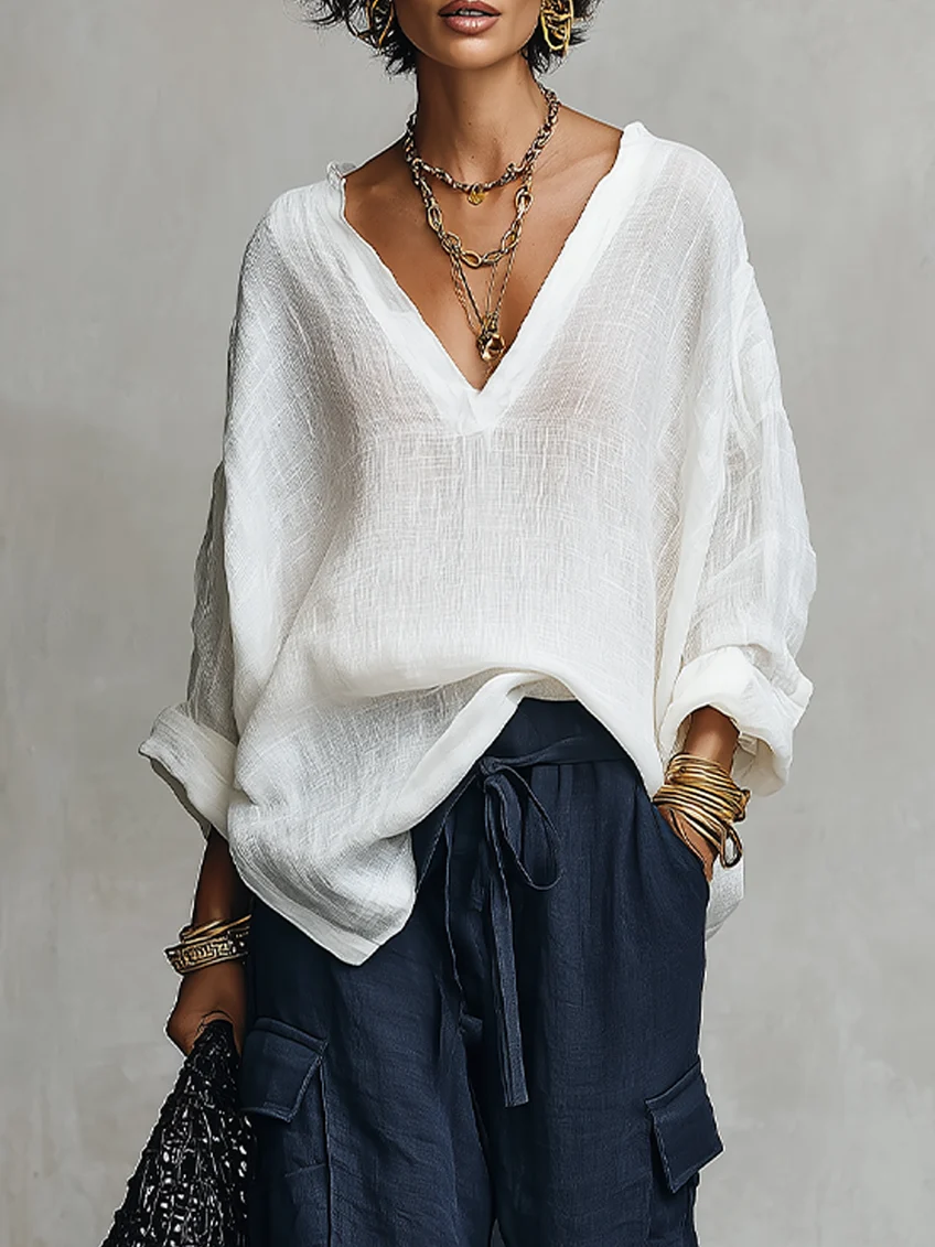 Women's V-neck blouse and wide-leg pants set