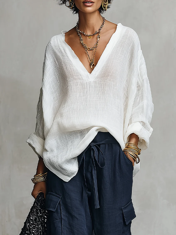 Women's V-neck blouse and wide-leg pants set