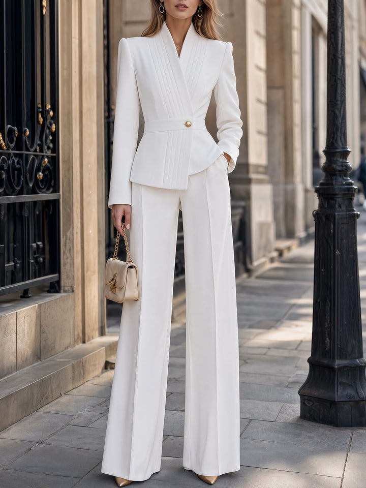 Women's Set with Peplum Blazer with Pleated Collar and Wide-Leg Pants