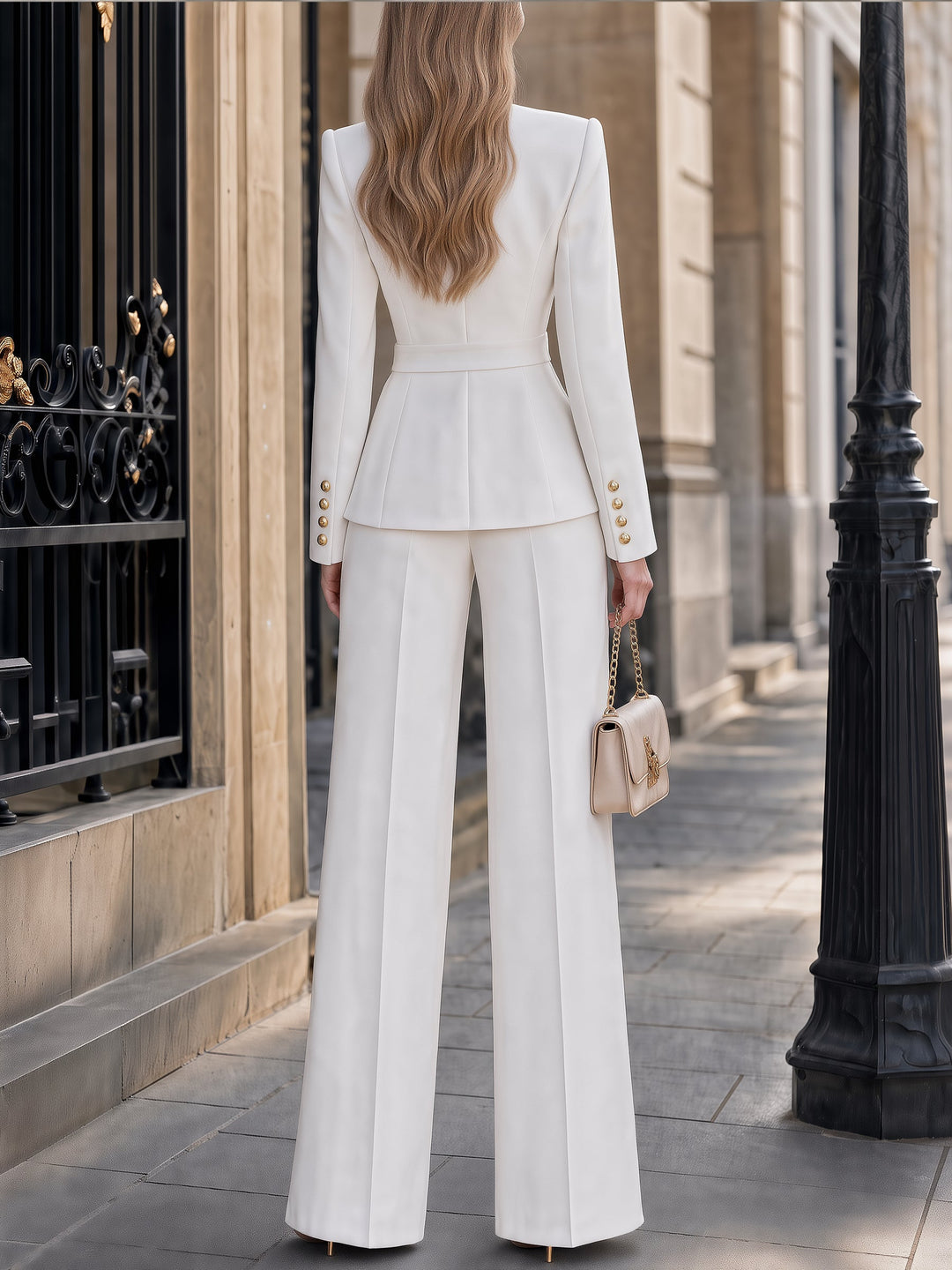 Women's Set with Peplum Blazer with Pleated Collar and Wide-Leg Pants