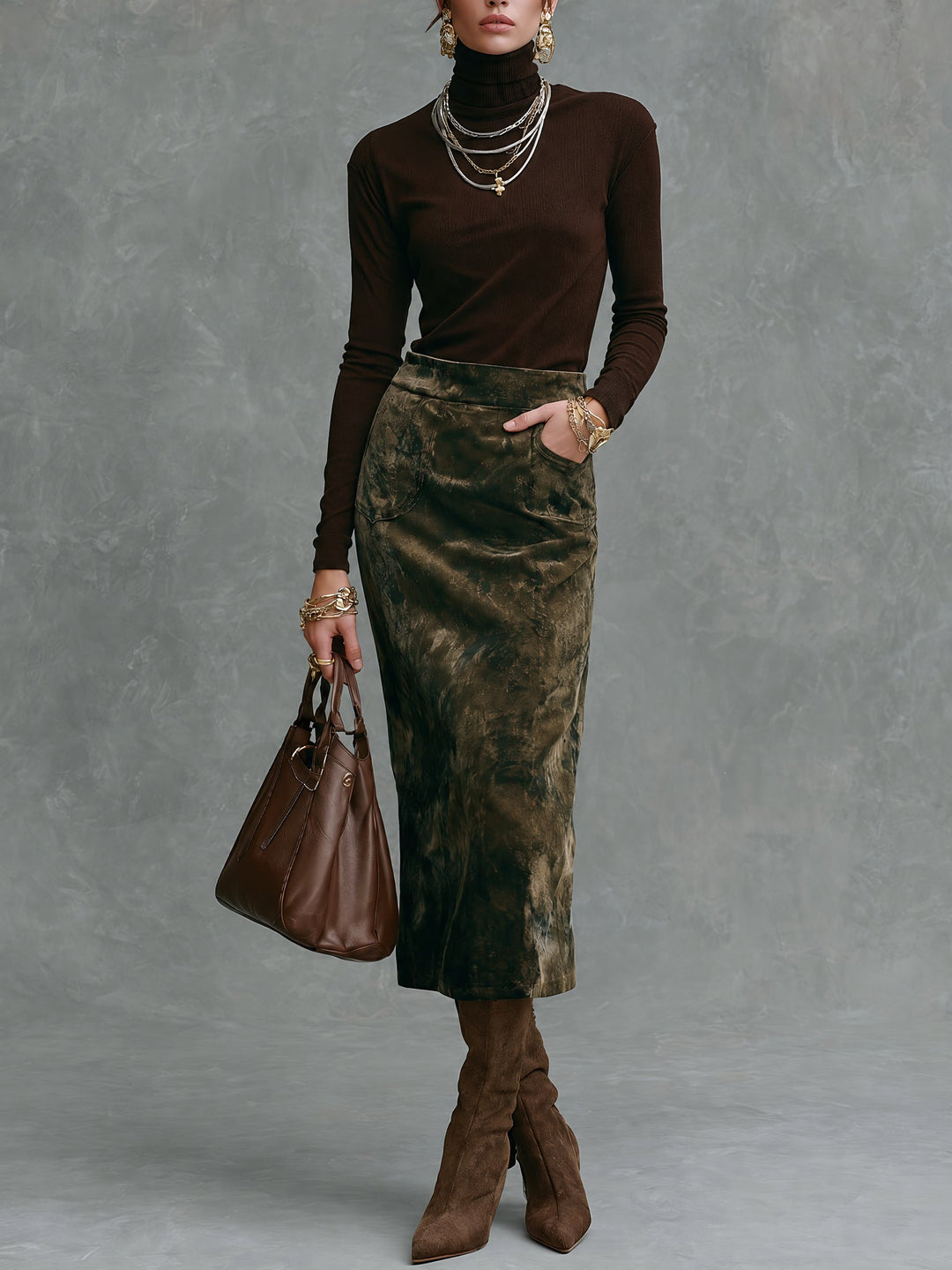 Women's Turtleneck Top and Midi Skirt Set