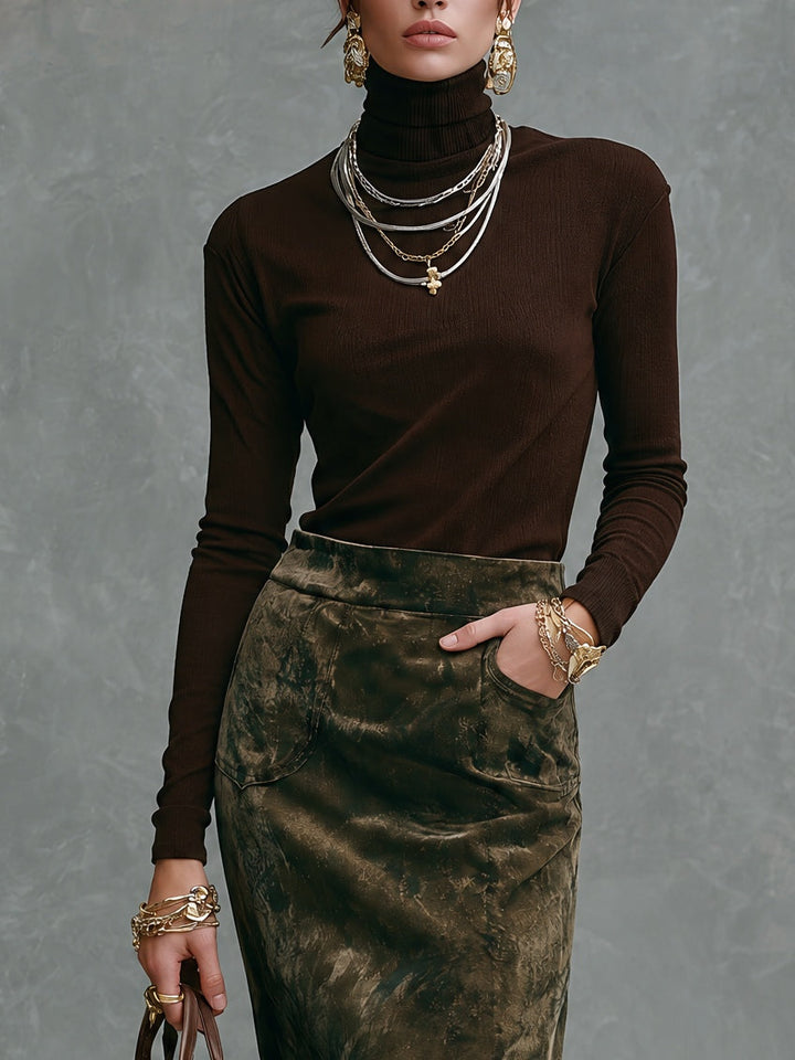 Women's Turtleneck Top and Midi Skirt Set