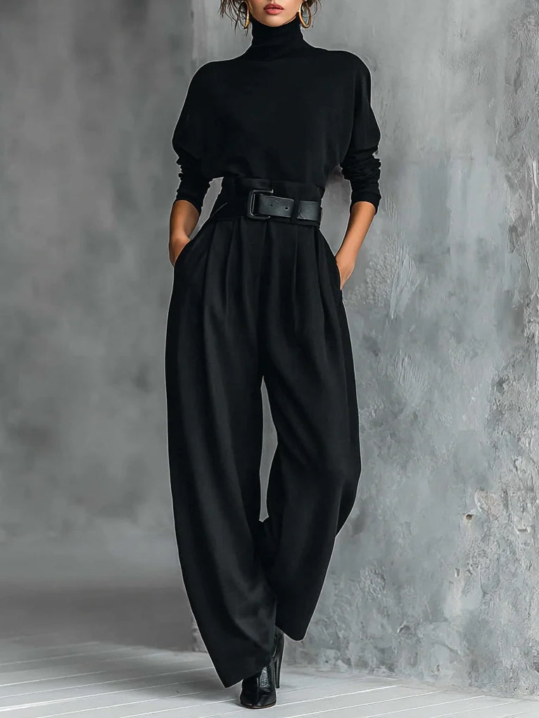 Set with Long-Sleeved Turtleneck Top, Straight-Leg Pants, and Belt for Women