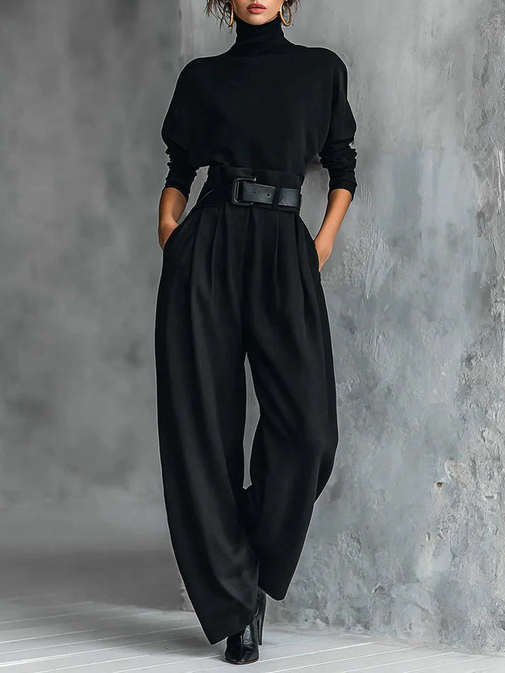 Set with Long-Sleeved Turtleneck Top, Straight-Leg Pants, and Belt for Women