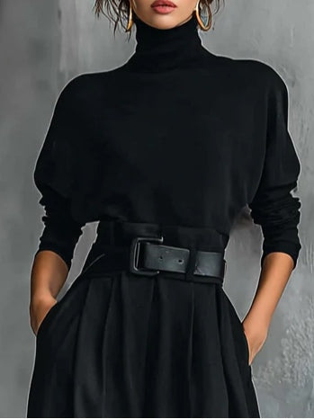 Set with Long-Sleeved Turtleneck Top, Straight-Leg Pants, and Belt for Women