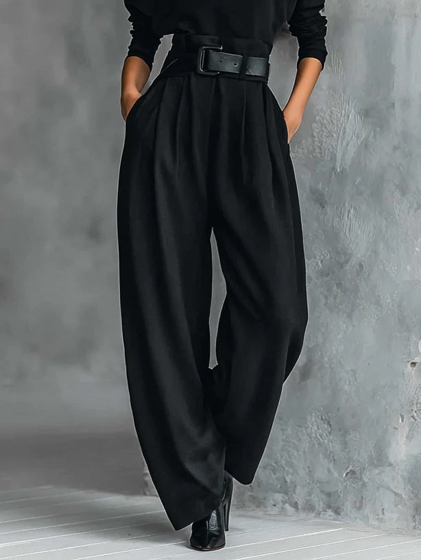 Set with Long-Sleeved Turtleneck Top, Straight-Leg Pants, and Belt for Women